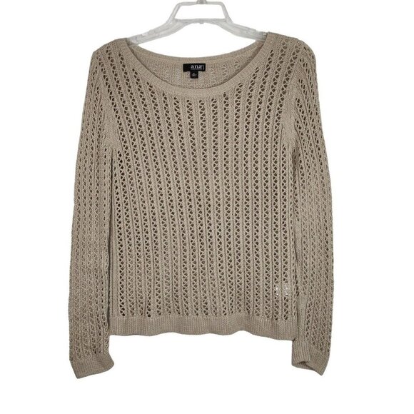 ANA Open Knit Sweater Cotton/Acrylic Women Petite Size PL Tan/Brown Long Sleeve - Picture 1 of 6